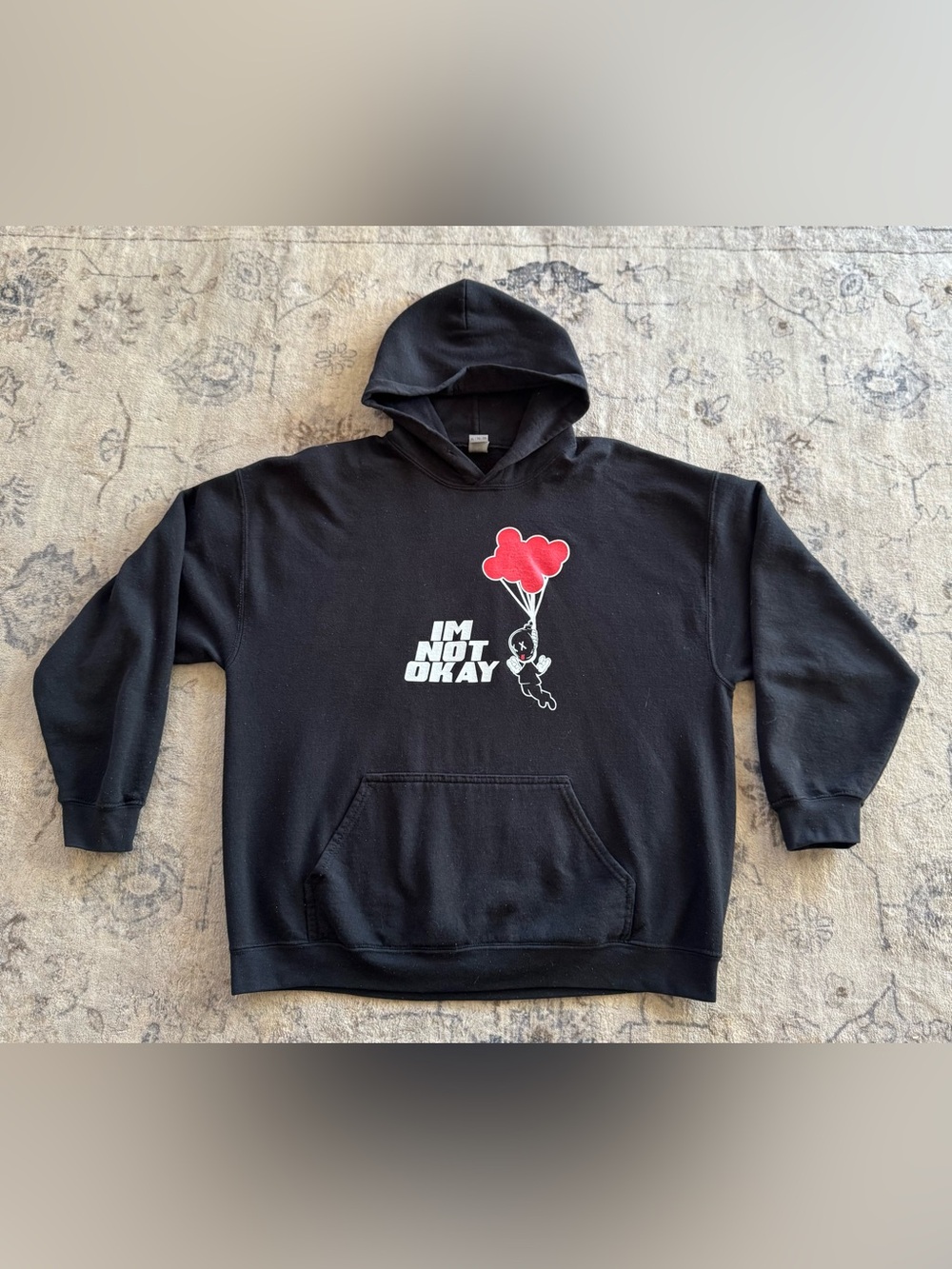 Black 'I'm Not Okay' Graphic Hoodie with Red Balloons